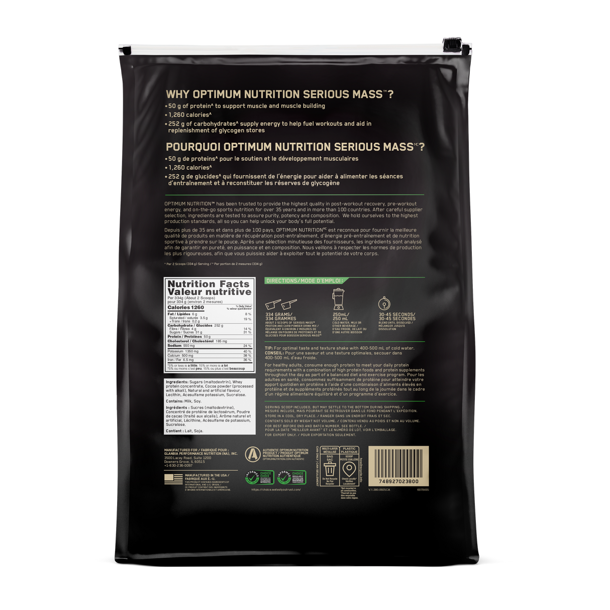 Rear Label Nutrition Facts and ingredients list of Optimum Nutrition Serious Mass supplement mass gainer formula chocolate 12lbs bag