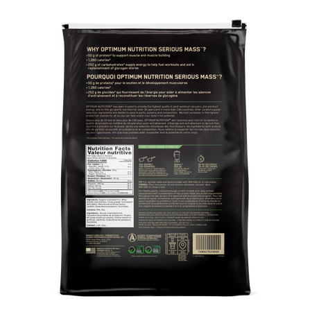 Rear Label Nutrition Facts and ingredients list of Optimum Nutrition Serious Mass supplement mass gainer formula chocolate 12lbs bag