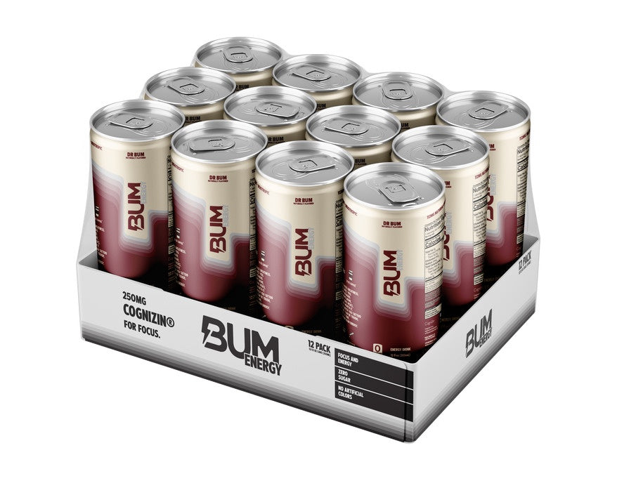 12-pack of Bum Energy drinks in a box on a white background
