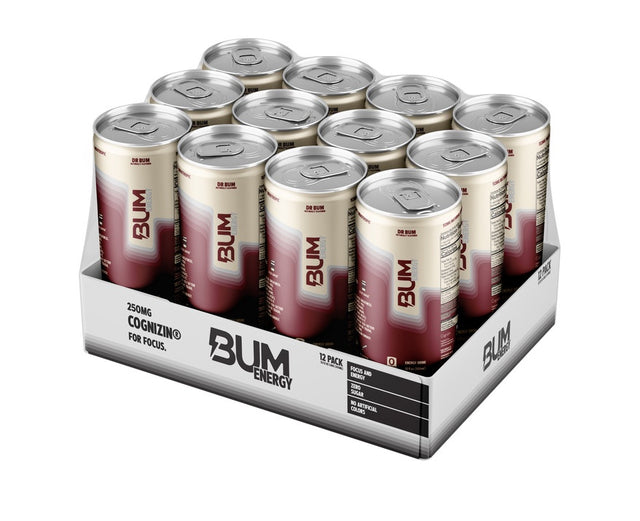 12-pack of Bum Energy drinks in a box on a white background