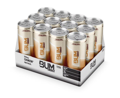 12-pack of Bum Energy drinks in a cardboard box on a white background