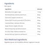 List of ingredients and supplement facts with doses for Canprev black walnut complex 120 capsules