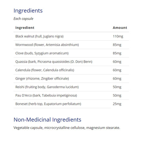 List of ingredients and supplement facts with doses for Canprev black walnut complex 120 capsules
