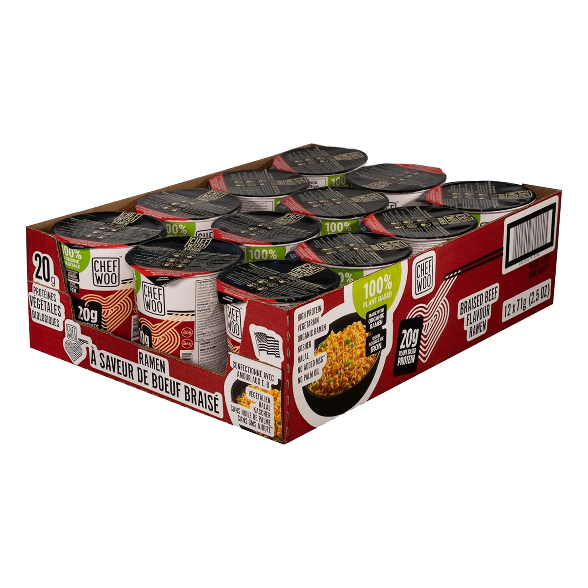 Chef Woo Protein Instant Ramen Braised Beef (Pack of 12 Cups)