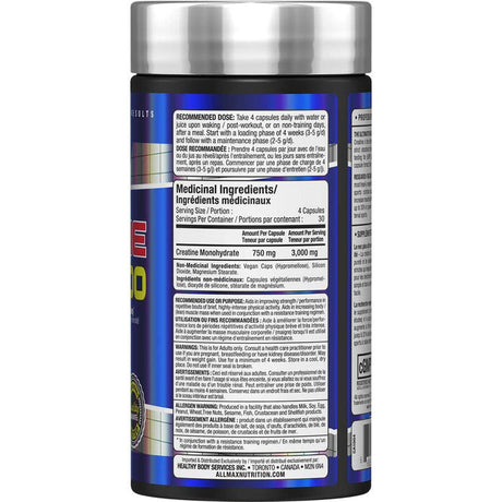 Back label of a supplement container with text and branding on a white background