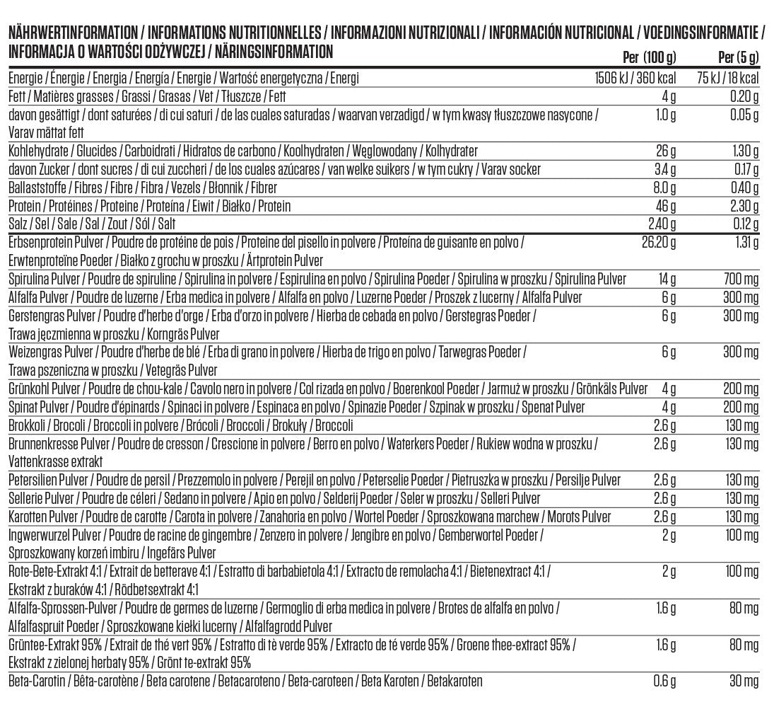 Applied Nutrition Critical Greens 30 Servings — multilingual nutrition information panel
