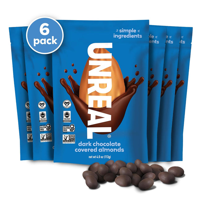Unreal Snacks Dark Chocolate Covered Almonds Pack of 6 multi-serve bags displayed with almonds