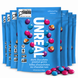 Unreal Snacks Multi-Serve Bags Dark Chocolate Peanut Gems Pack of 6, front label with colourful candy shells