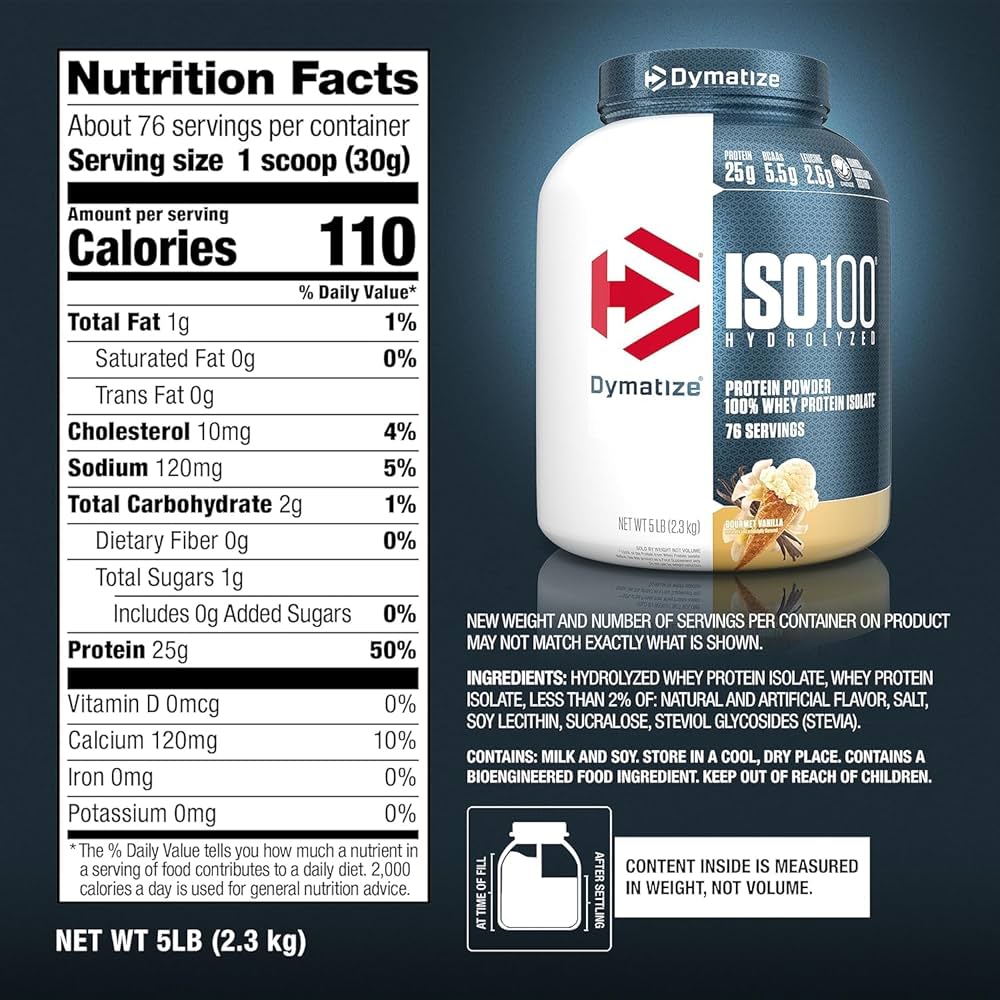 Dymatize ISO 100 5lbs Hydrolyzed whey protein Vanilla flavor nutrition facts and supplement ingredients list label