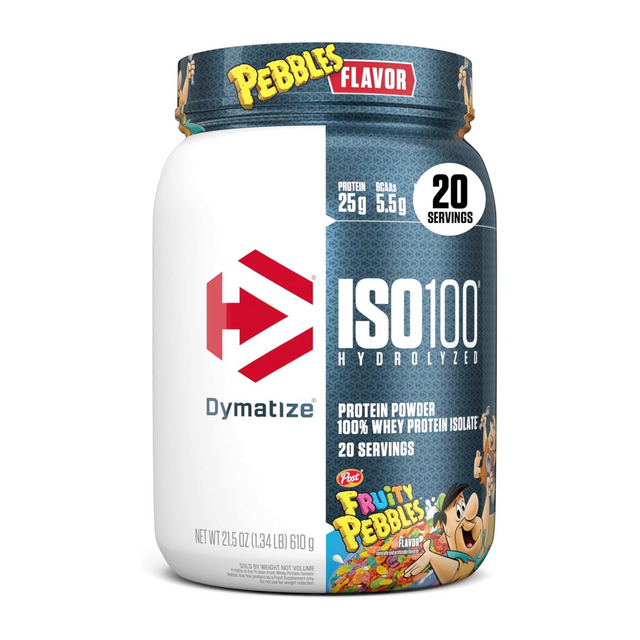 Dymatize ISO100 whey protein powder container with Fruity Pebbles flavor