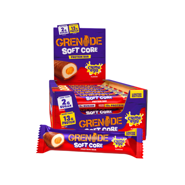 Box of Grenade Soft Core Protein Bars with Creme Egg flavor on a white background