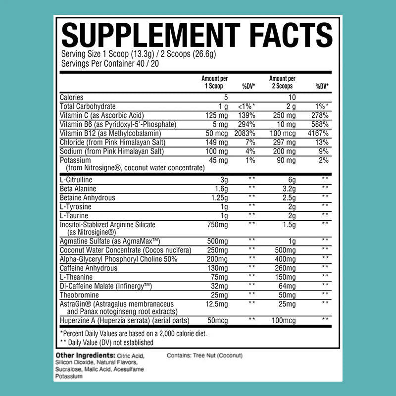 BUM Raw Thavage Pre-workout powder formula 40 / 20 servings Nutrition Facts Supplement Facts Label