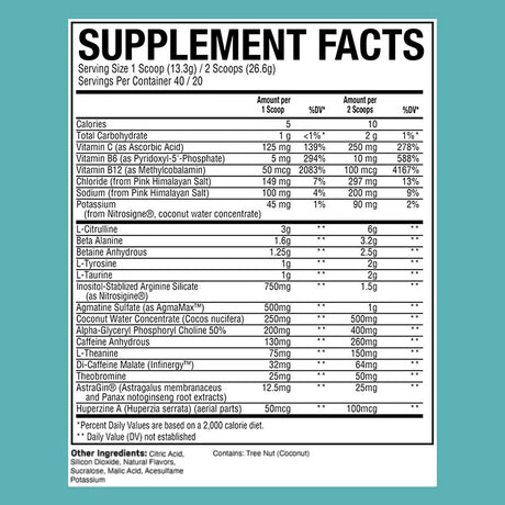 BUM Raw Thavage Pre-workout powder formula 40 / 20 servings Nutrition Facts Supplement Facts Label