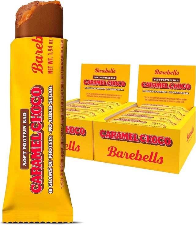 Barebells Soft Protein Bar Caramel Choco 24 Bars — single yellow wrapper and two 12-bar display boxes, front view