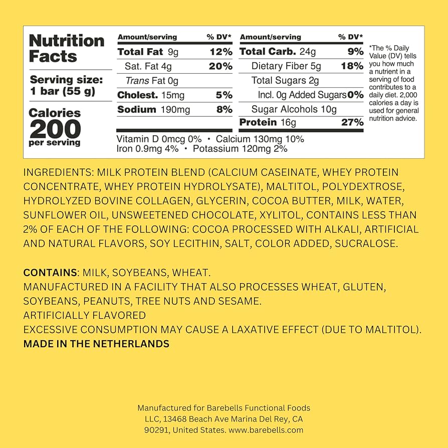 Barebells Soft Protein Bar — Nutrition Facts and ingredients panel, 1 bar (55 g), 200 calories, 16 g protein