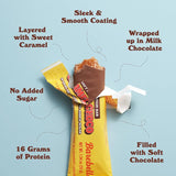 Barebells Soft Protein Bar Caramel Choco — partly unwrapped bar on blue background with feature callouts, 16 g protein
