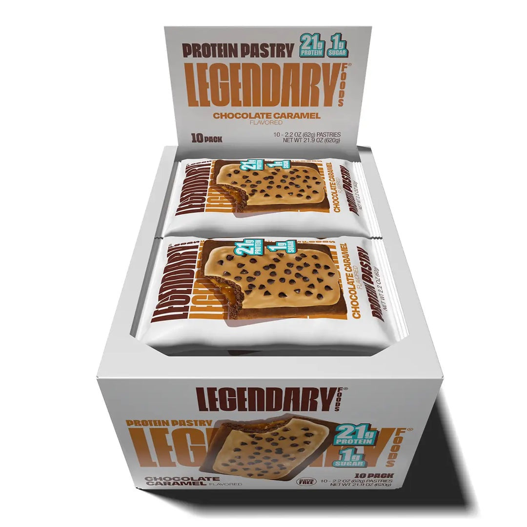 Legendary Foods Protein Pastry Chocolate Caramel 10 Pack — 10 x 62g pastries in open display box with two pastries showing