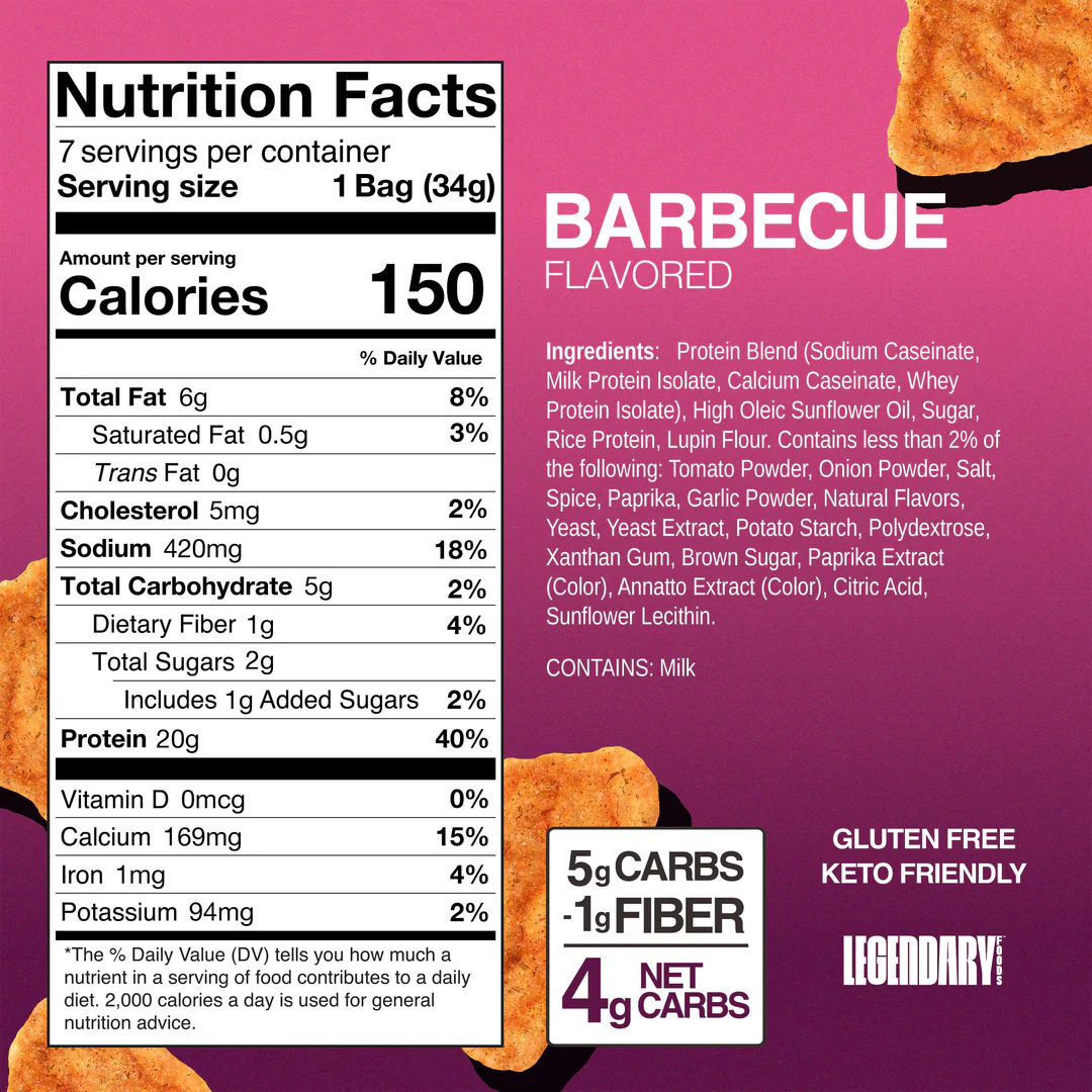 Legendary Foods Protein Chips (Box of 7 Bags) 34g Each - Barbecue
