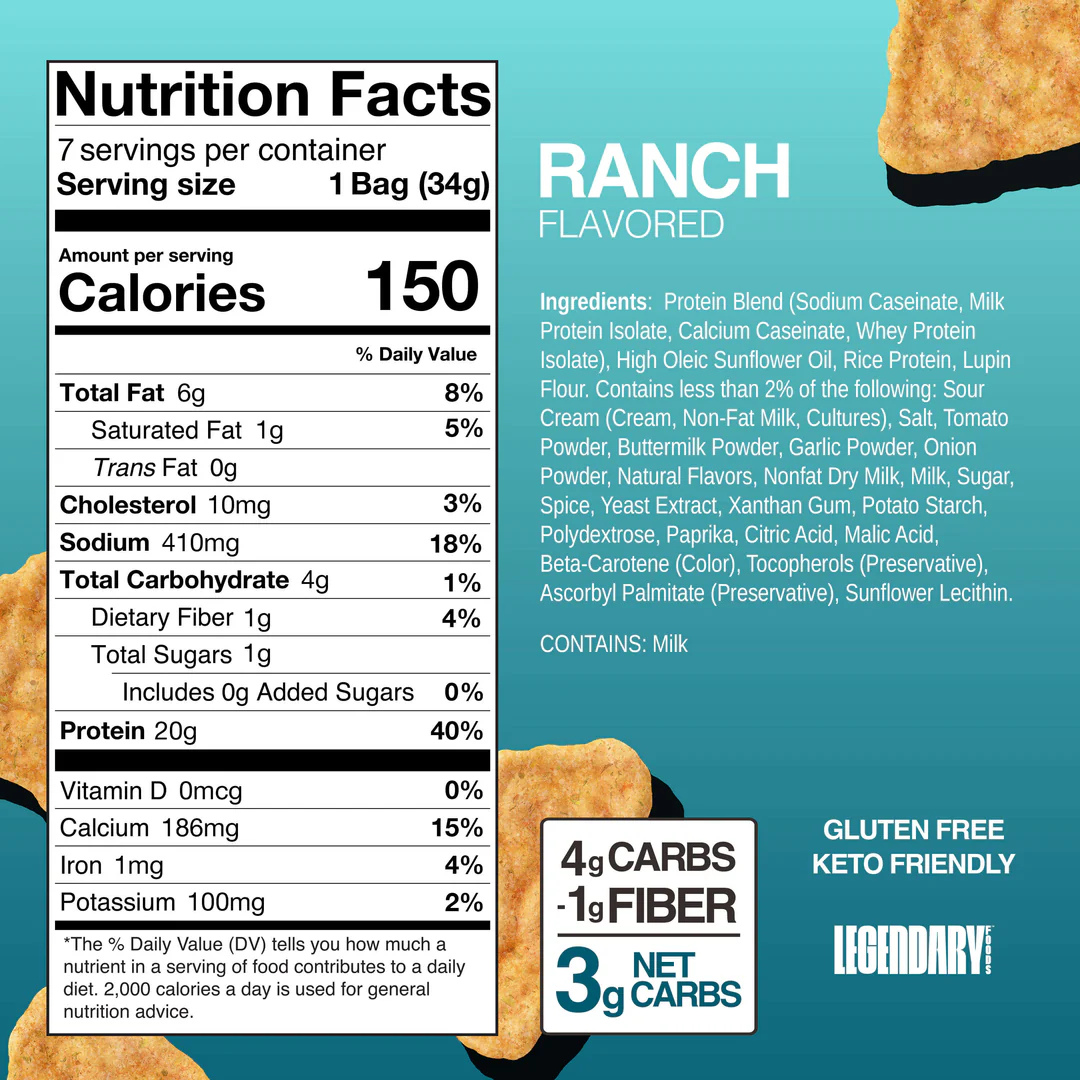 Legendary Foods Protein Chips (Box of 7 Bags) 34g Each - Ranch