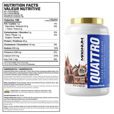 Magnum Quattro 2lbs Isolate Protein Powder Nutrition Facts Label and Ingredients List Chocolate flavour