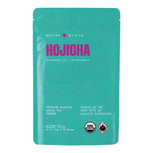 Matcha Ninja Hojicha Powder 70g front label, teal pouch