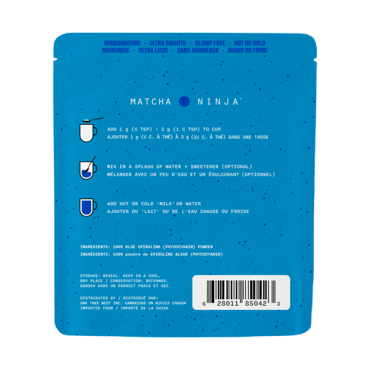 Matcha Ninja Blue Spirulina 30g pouch, back label with directions and ingredients