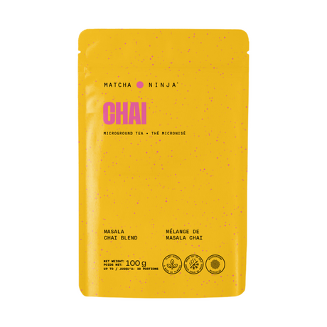 Matcha Ninja Chai Ninja 1kg — yellow Chai microground tea pouch, front label showing 100 g net weight