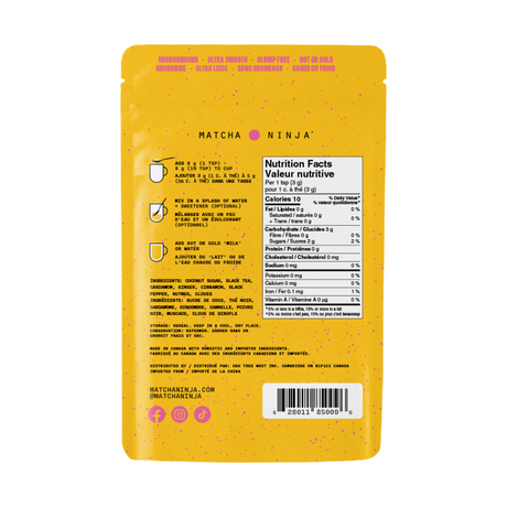Matcha Ninja Chai 100g pouch — back with directions and Nutrition Facts panel