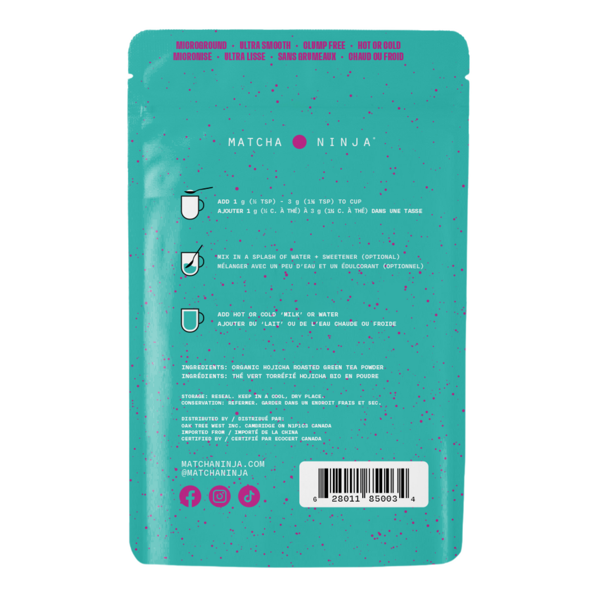 Matcha Ninja Hojicha Powder back label with directions and ingredients