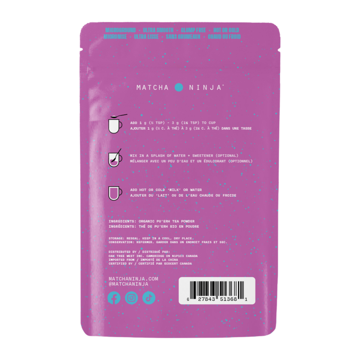 Matcha Ninja Pu'erh Tea back label with directions and ingredients