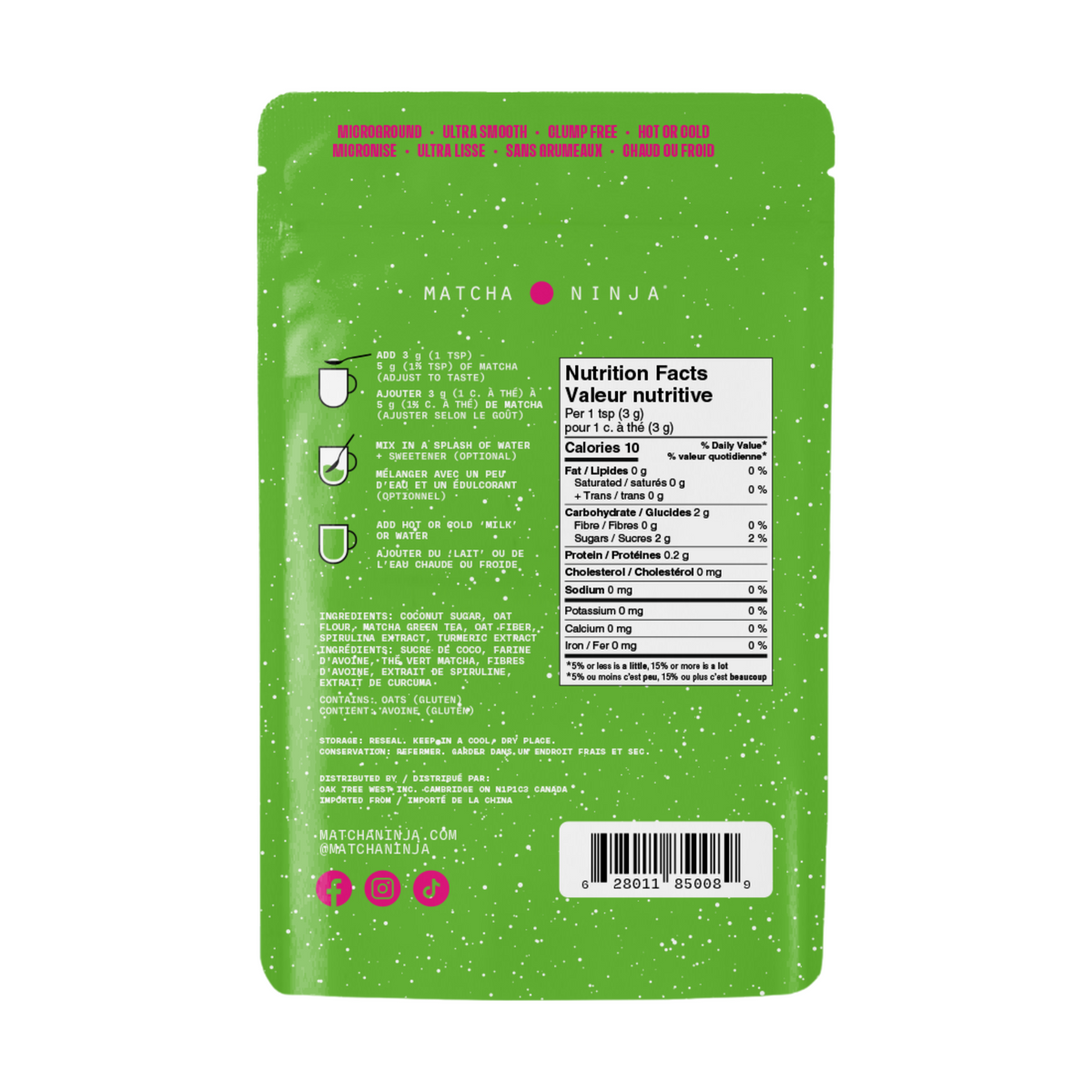 Matcha Ninja Superfood Matcha Latte 100g pouch, back with directions and Nutrition Facts