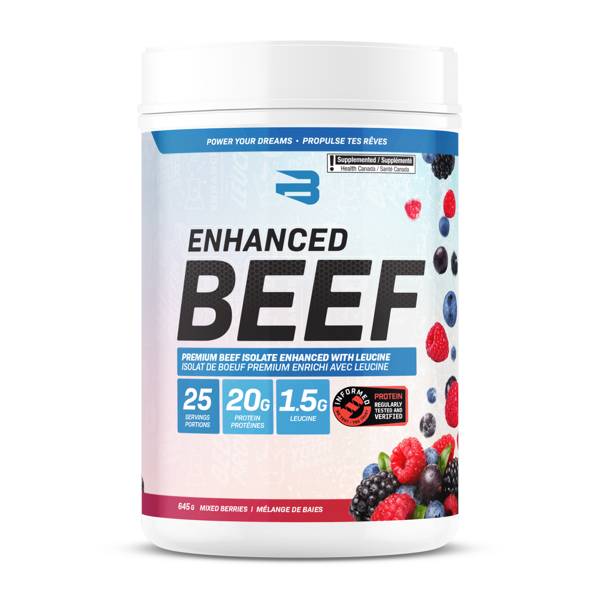 Believe Enhanced Beef Protein 645g — Mixed Berries tub, front label