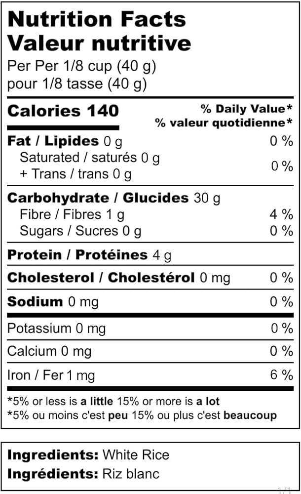 Nutrition facts Ingredient label for OG foods Cream of Rice 1450g Unflavoured Ground white rice