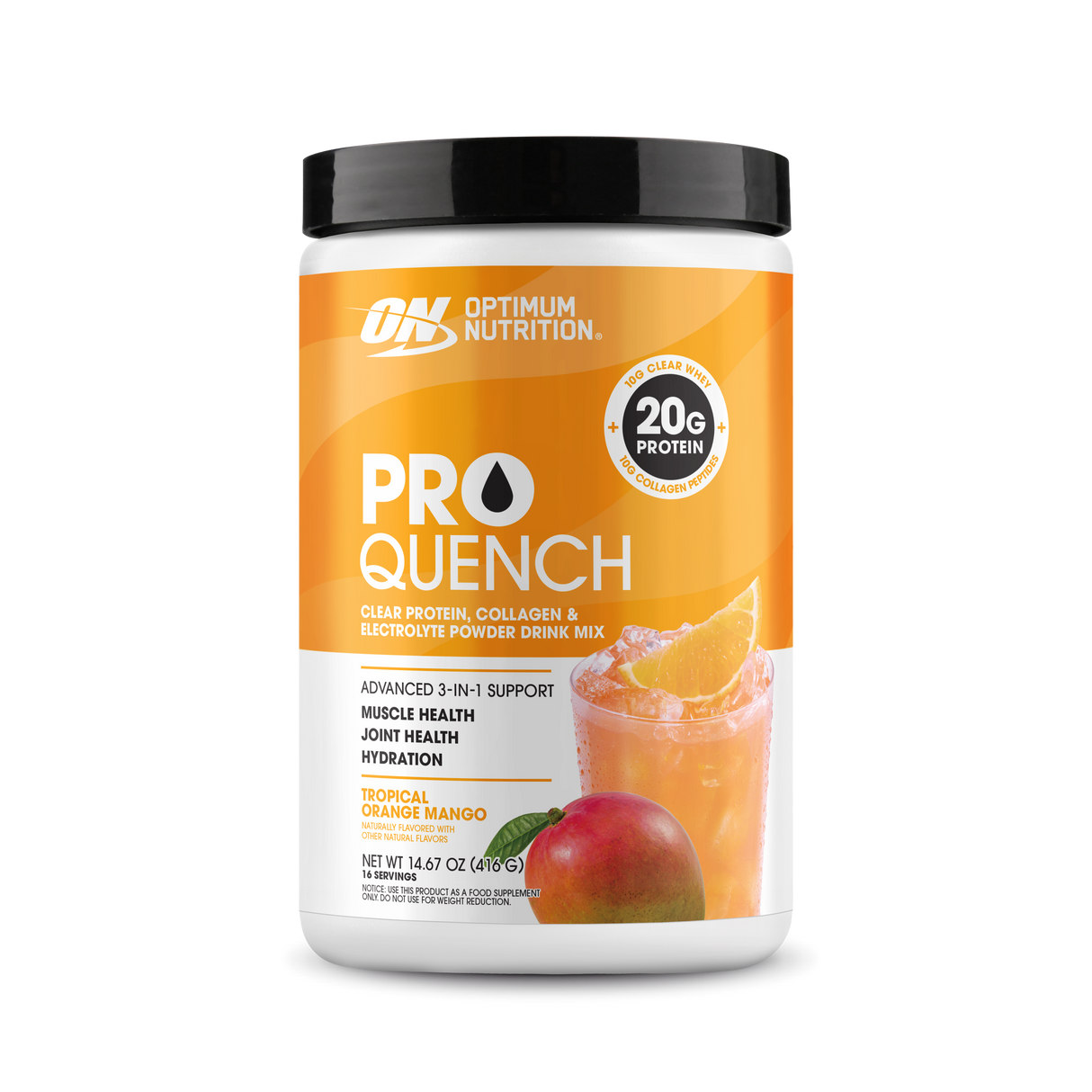 Optimum Nutrition Pro Quench protein powder container on a white background