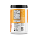 Nutrition facts label on a supplement container with an orange and white design.
