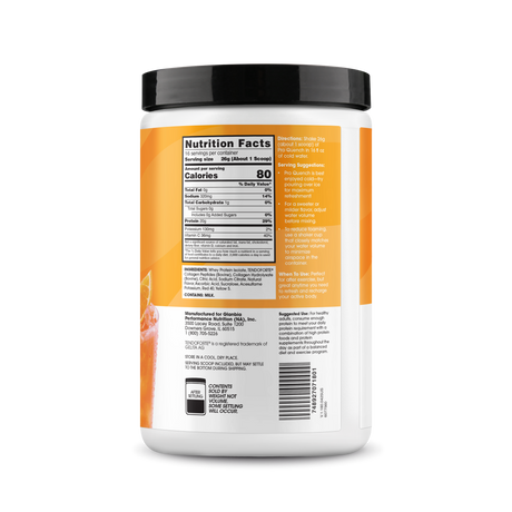 Nutrition facts label on a supplement container with an orange and white design.