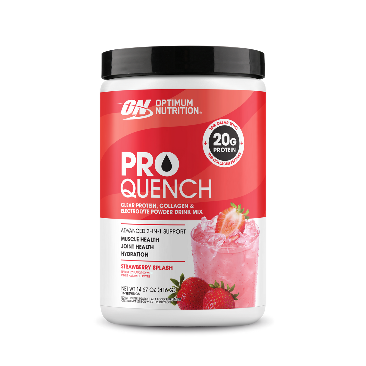 Optimum Nutrition Pro Quench protein powder container on a white background