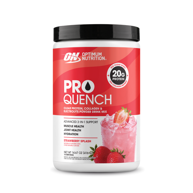 Optimum Nutrition Pro Quench protein powder container on a white background