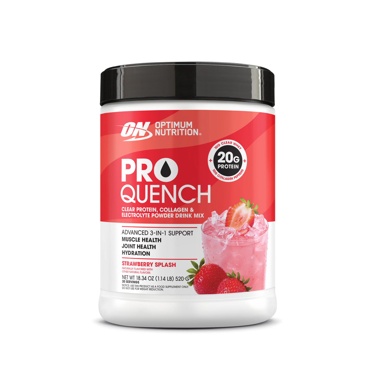 Optimum Nutrition Pro Quench powder drink mix container on a white background
