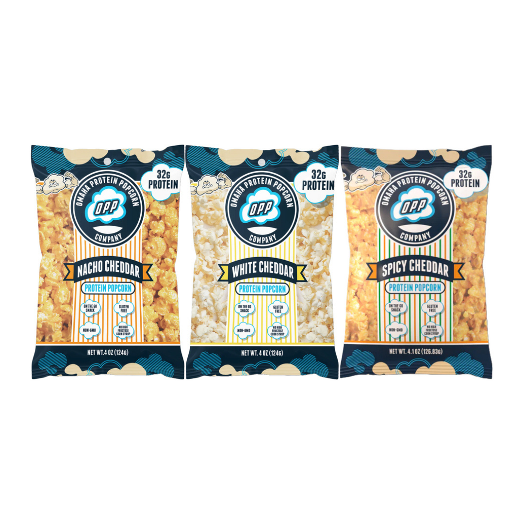 Omaha Protein Popcorn - Savory Variety (Nacho Cheddar, White Cheddar, Spicy Cheddar)