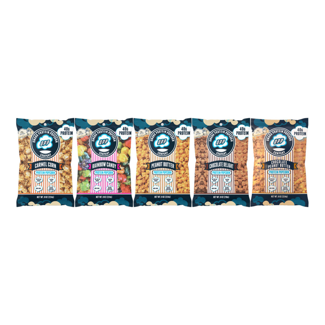 Omaha Protein Popcorn - Sweet Variety (Carmel Corn, Rainbow Candy, Peanut Butter, Chocolate Delight, Chocolate Peanut Butter)