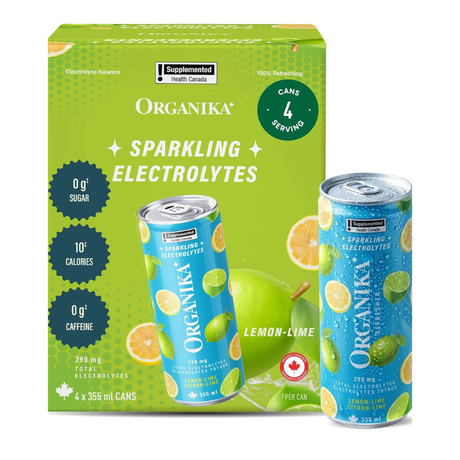 Organika Refresher Sparkling Electrolyte 4 x 355mL — Lemon Lime front of box with cans