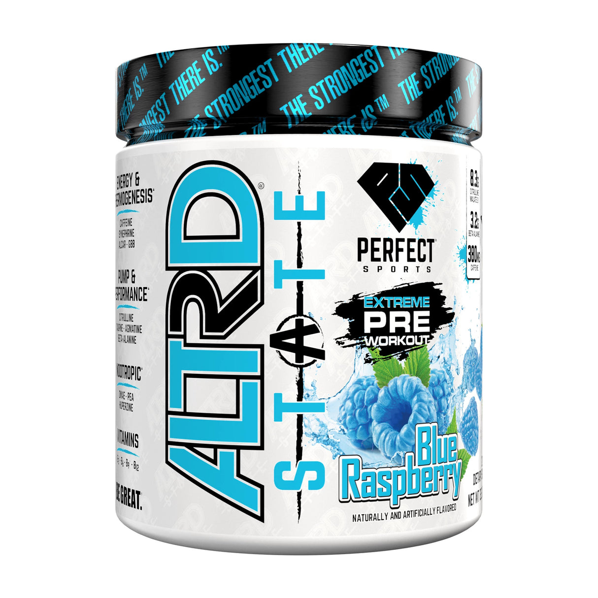 Perfect sports Altrd State Pre-workout supplement container blue raspberry flavor