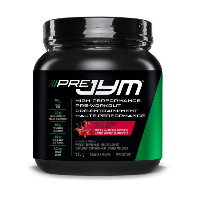 Black container of PreJym high-performance pre-workout supplement black cherry flavor