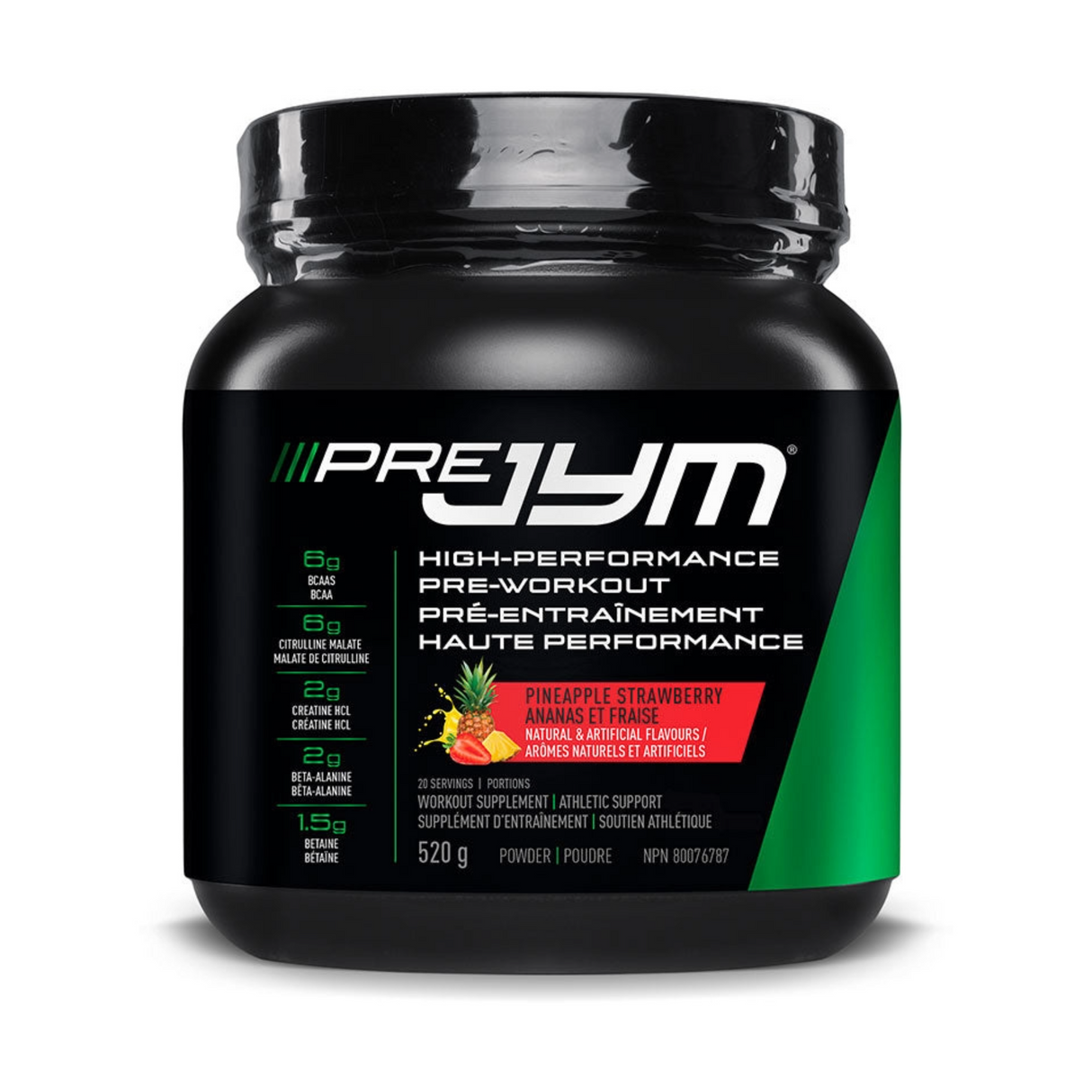 PreJym high-performance pre-workout supplement container on a white background
