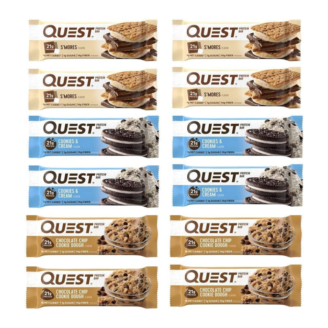 Quest Protein Bars Variety Pack (4 Cookie Dough, 4 Cookies & Cream, 4 S'mores)