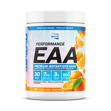 Believe Supplements Performance EAA Premium Instantized EAAs 400g — Tropical Orange tub front