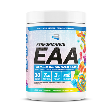 Believe Supplements Performance EAA Premium Instantized EAAs 390g — Sour Candy Blast tub front