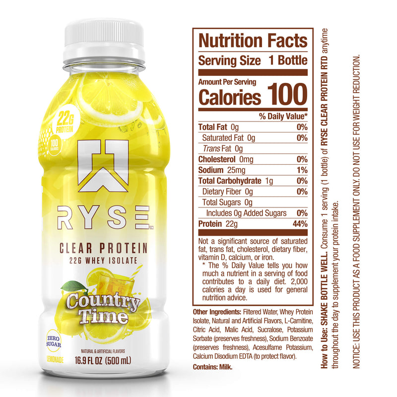 Ryse Clear Whey Isolate Protein Drink - Case of 12 x 500mL Bottles - Country Time Lemonade