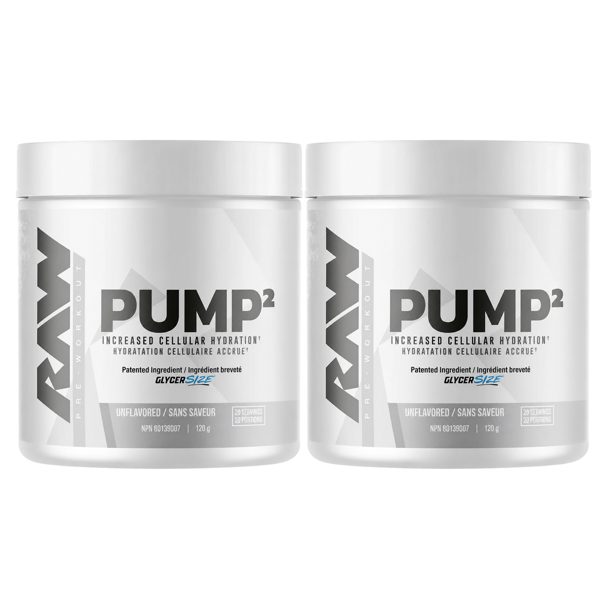 CBUM RAW Pump2 Glycerol Pre Workout 20 Servings (Pack of 2) — two unflavoured tubs, front labels